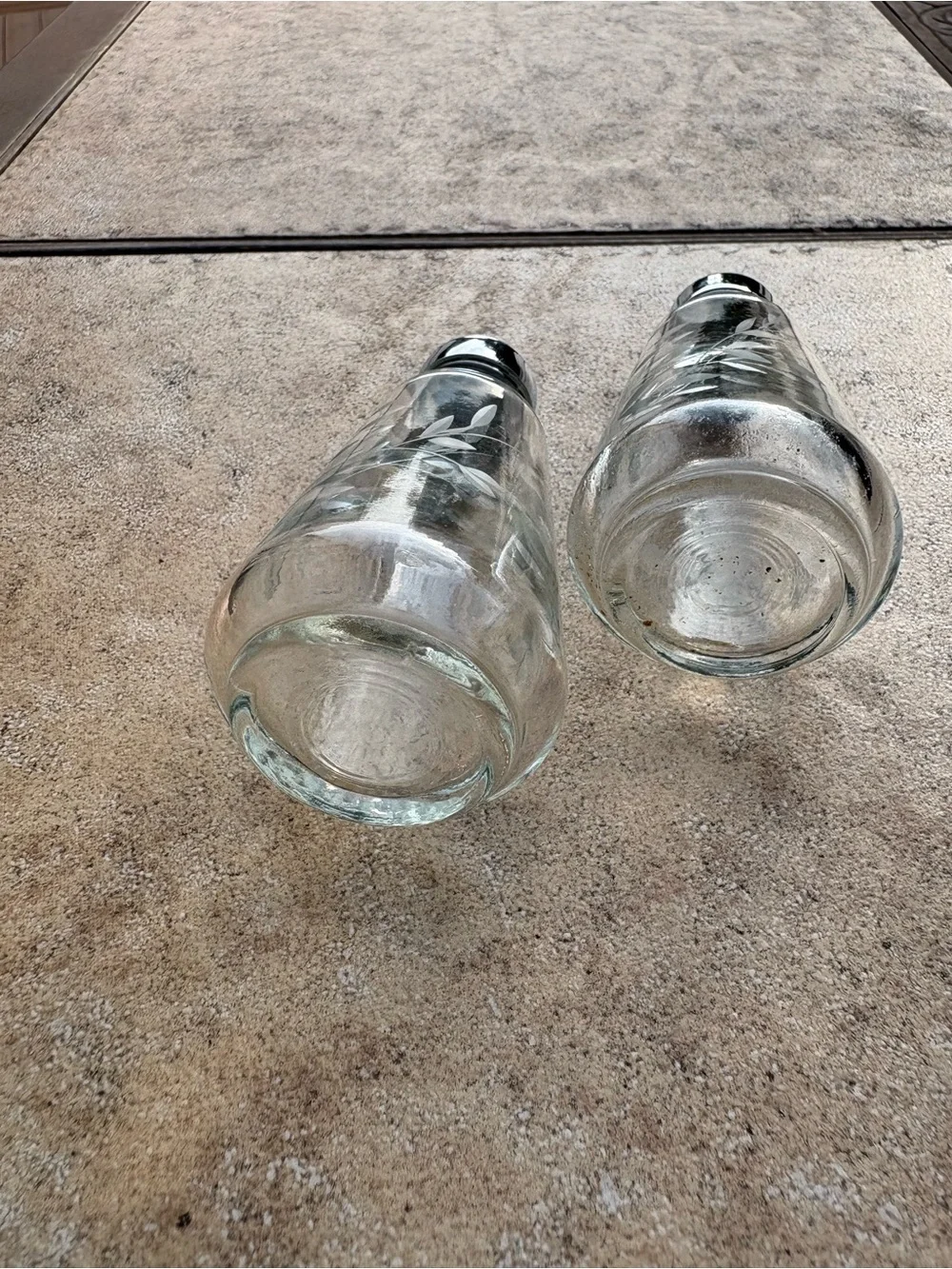 Princess House Glass Salt and Pepper Shakers with Etched Leaf Design Silver Tops
